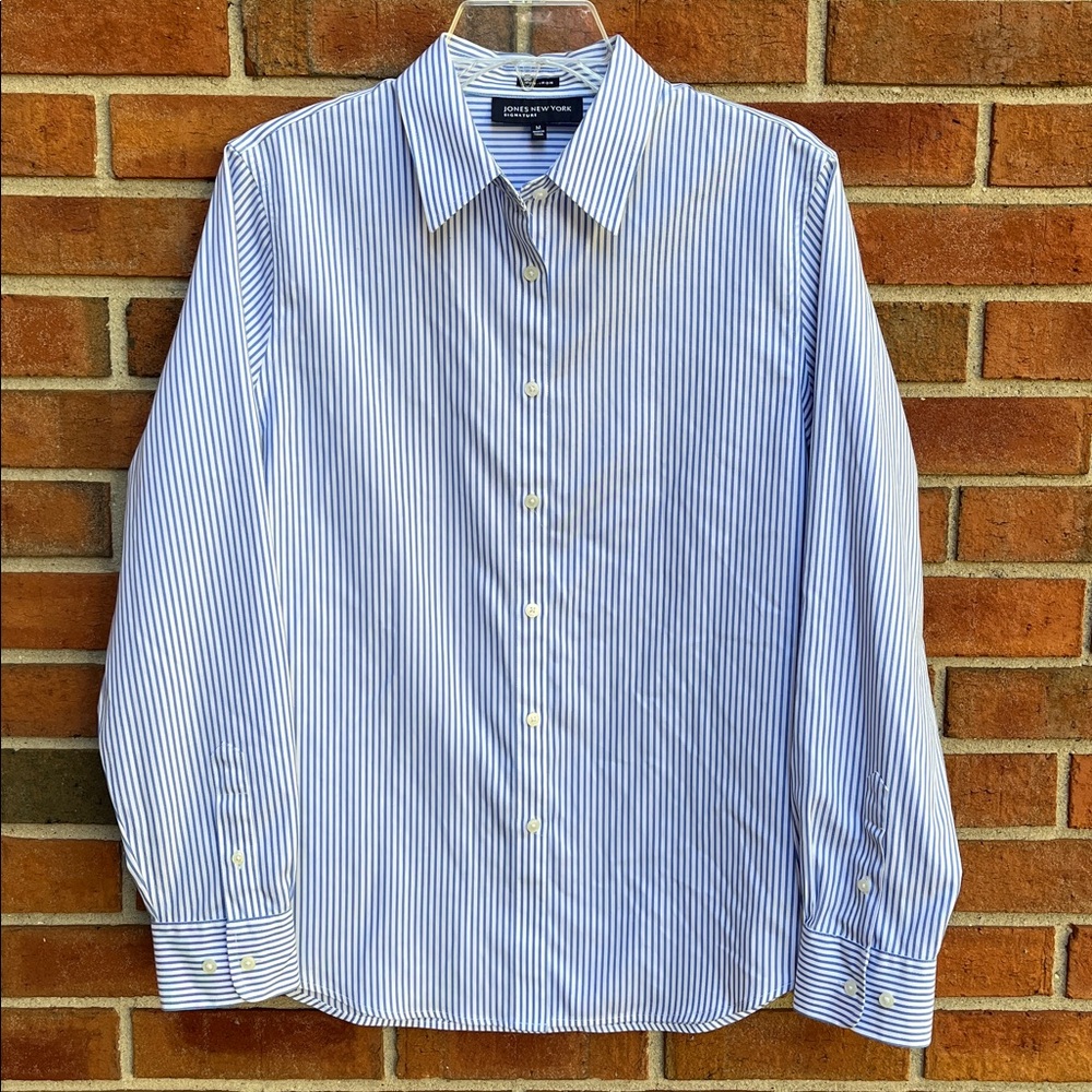 Jones New York Signature Non-Iron Blue Cotton Stripe Long Sleeve Button Up Shirt